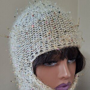 Cream Balaclava – Sequin Knit Hood – Tinsel Riot – Handmade 1/1 Avantgarde Mask